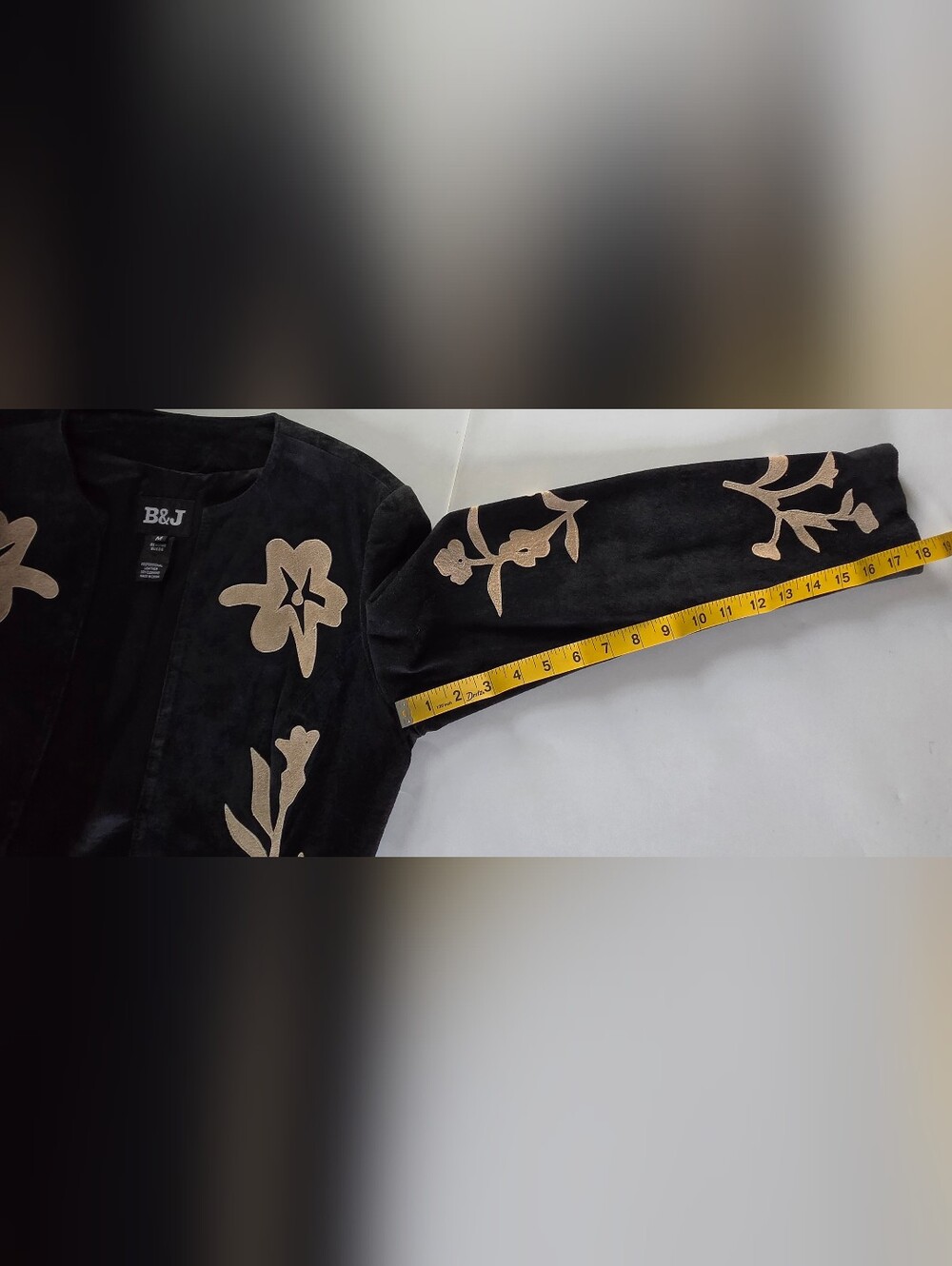 B&J Black Suede Floral Applique Jacket Autumn Outerwear Collarless Leather Coat - Picture 6 of 11
